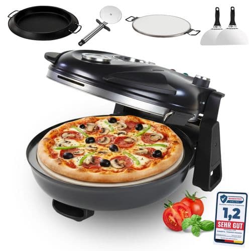 Sommertal PizzaProfi Pizzaofen, 32cm Pizzastein, schnelle 3-Minuten Pizza, 5-teiliges Set, 2x Pizzaschieber, Pizzaschneider, Steinplatte,